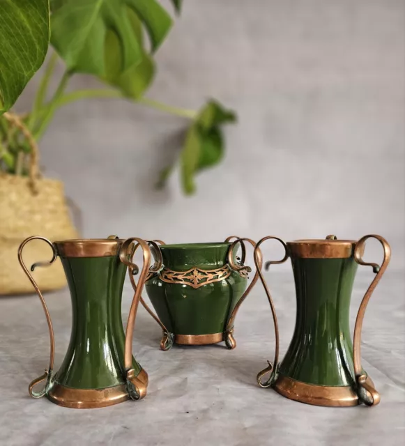 Art Nouveau Silver Plated On Copper Set Of 3 Vases Made In England 2