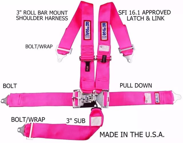 Pink Racing Harness Sfi 16.1 5 Point Latch & Link Belt Roll Mount Bar Mount Rjs