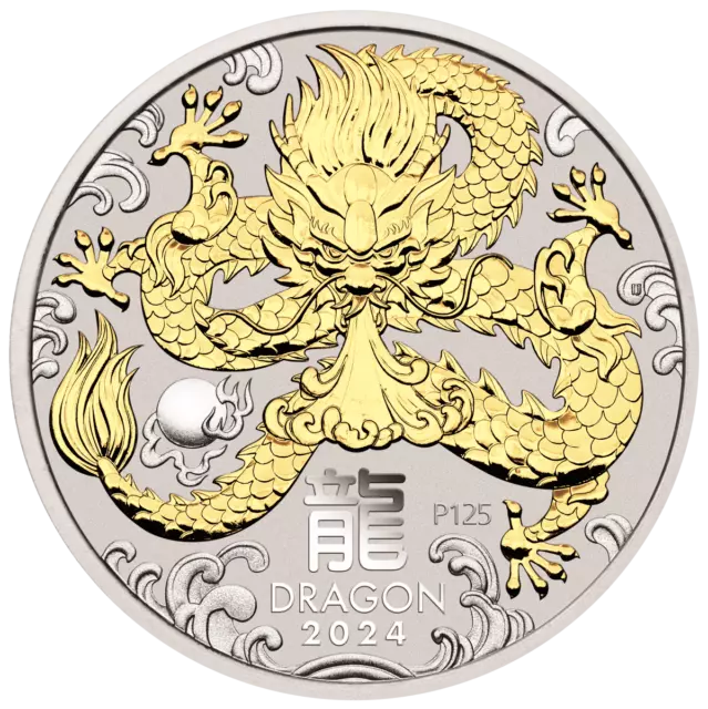 2024 AUSTRALIAN LUNAR Series III Year of the Dragon 1oz Silver Gilded