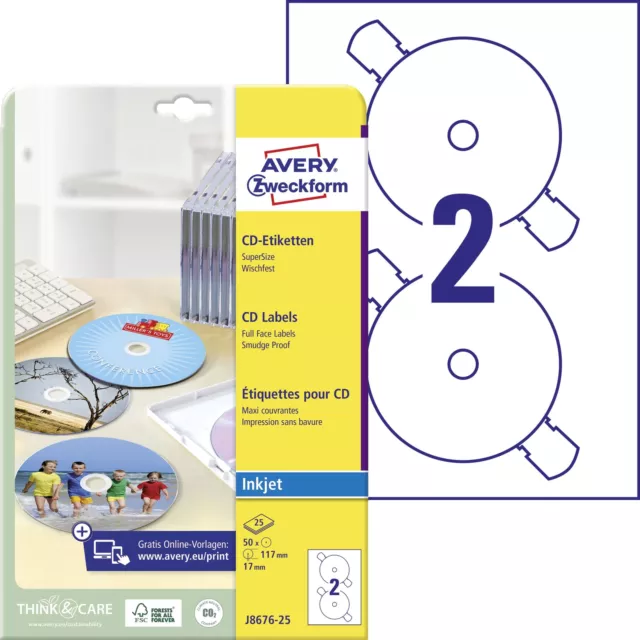 Avery Zweckform J8676-50 CD Labels (Pack of 25 Sheets, Quick Drying, (US IMPORT)