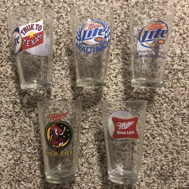 Lot of 5 Miller Light High Life Beer Pint Glasses - Racing Vikings Texas Deer
