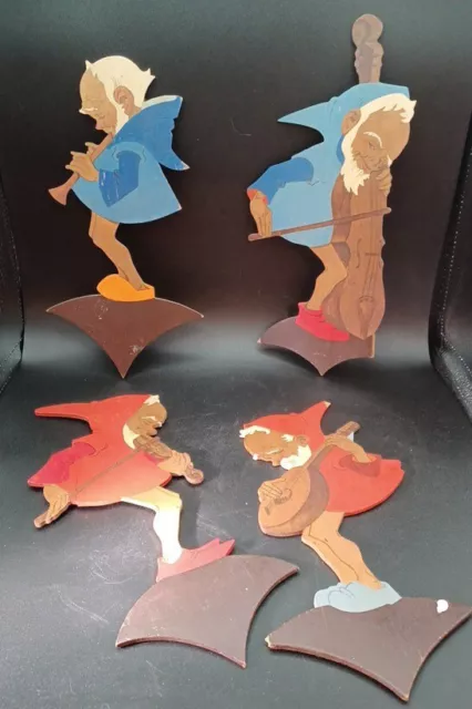 Antique 1930's Hellerkunst Diecut Wooden Musical Gnomes Wall Hangings set of 4