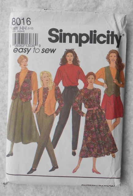 SIMPLICITY sewing pattern 8016. TOP. VEST, SKIRT, TRS. Sizes 6- 12. UNUSED.