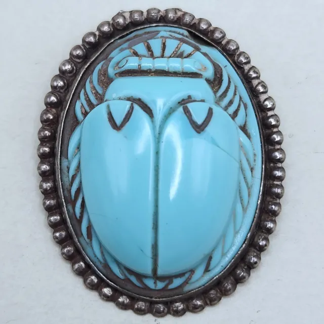 Vtg Scarab Molded Glass Brooch Blue Egyptian Revival Silver Tone Estate Pin READ