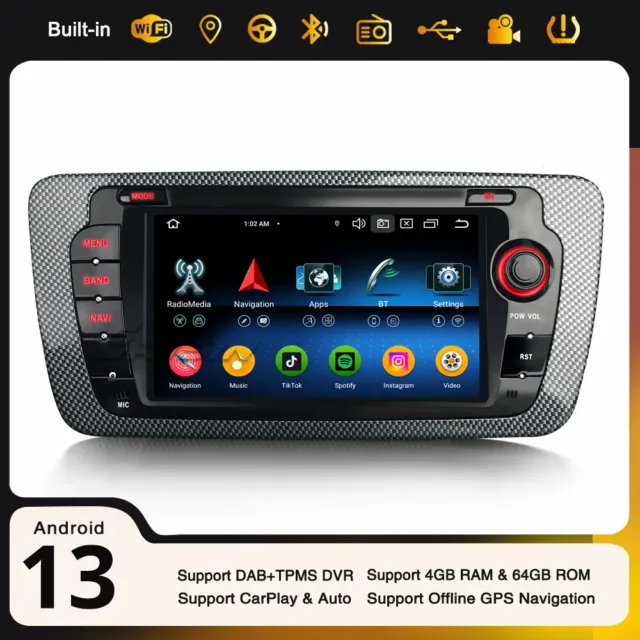 7" CarPlay 8-Cœur Android 13 DAB+ 64Go Autoradio WiFi SD GPS Navi For SEAT IBIZA