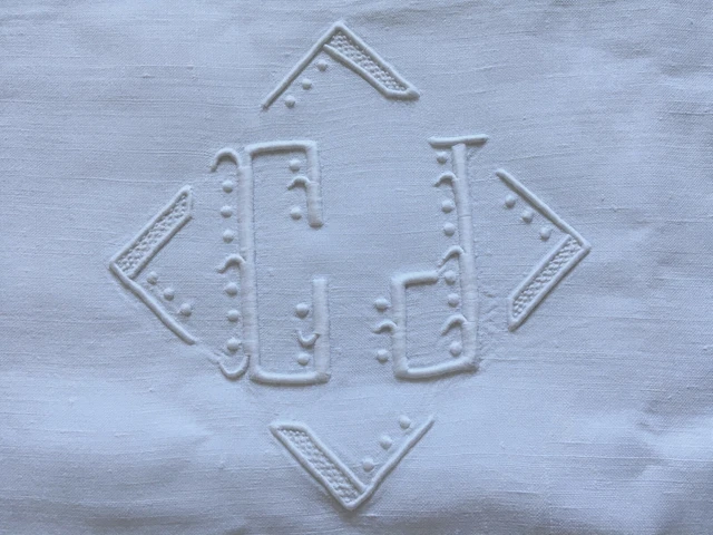 Grand Drap Ancien En Lin Monogrammé RF - Brodé Main, 280x200cm, Art Déco