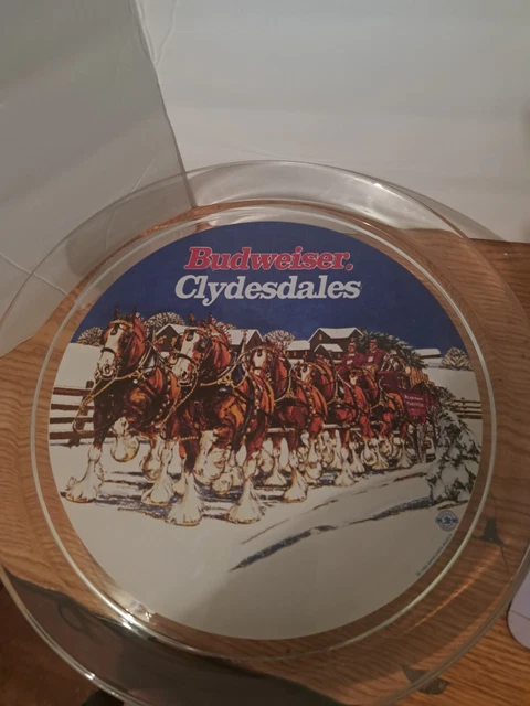 Budweiser Clydesdales 1995 Round Glass Bar Tray Serving Platter Anheuser Busch