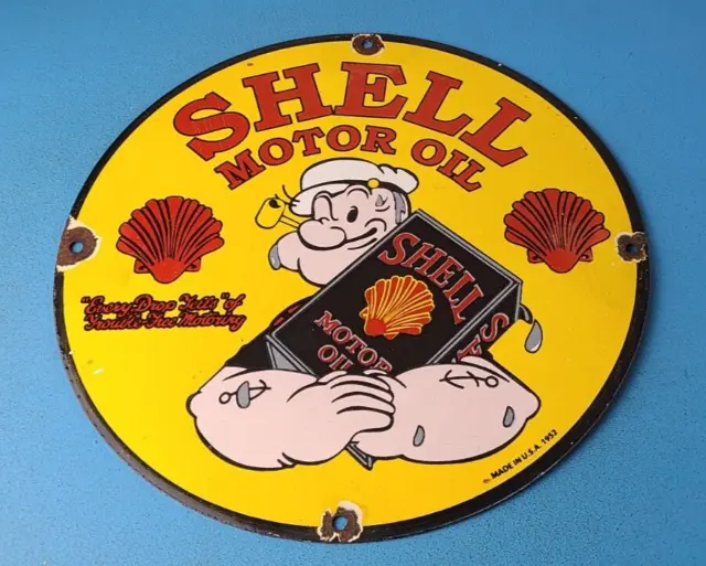 Vintage Shell Gasoline Sign - Popeye Sign - Gas Motor Oil Pump Porcelain Sign