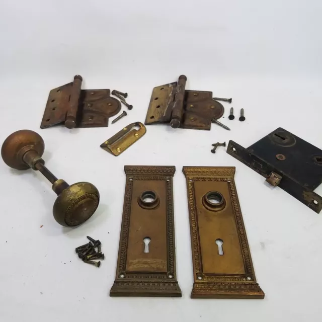 Vtg Knob Set Fancy Egg & Dart Backplate 4" Stanley Hinges Mortise Deadbolt Lock