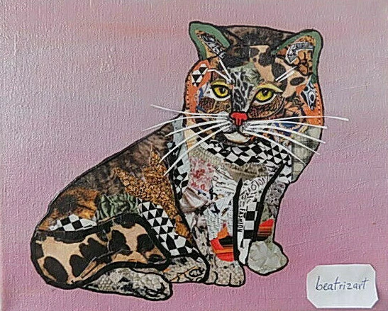 BEATRIZART Original Abstract CAT Collage Portrait Painting Folk Art Signed