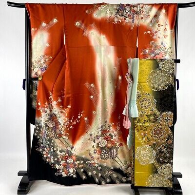 Japanese kimono SILK"FURISODE" with "OBI", Gold, Embroidery, Two gifts, 65".2747