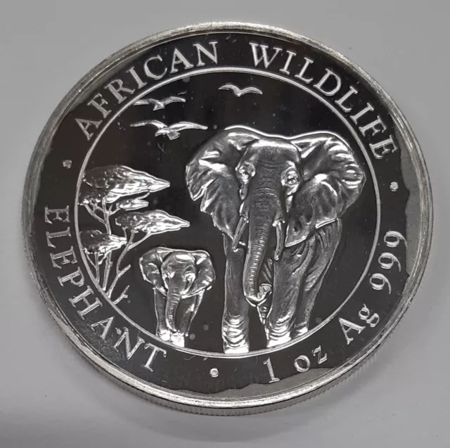 2015 Somalia 100 Shillings 1 Oz. .999 Silver Coin - Elephants  UNC/Toning