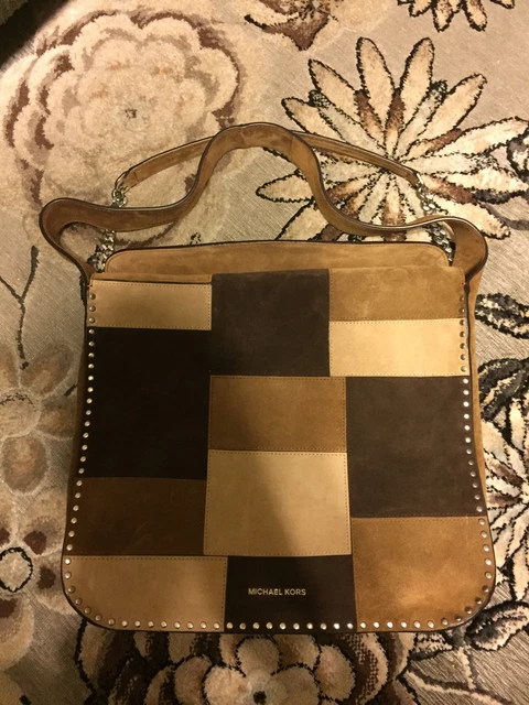 New Michael Kors Astor Large Hobo Patchwork Suede Leather Dark Caramel Brown