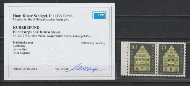 BRD 279 I LANDTAG ABART  FOTO-BEFUND POSTFRISCH(+ 100,00) siehe SCAN