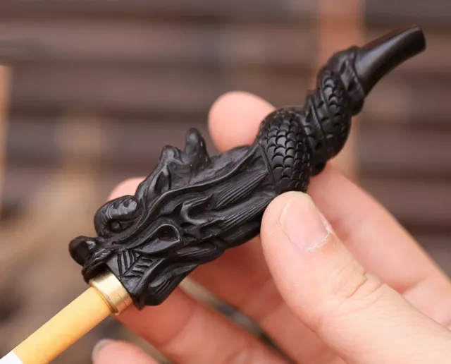 Ebony Wood Carved Filter Dragon Smoke Tobacco Cigarette Holder Reusable
