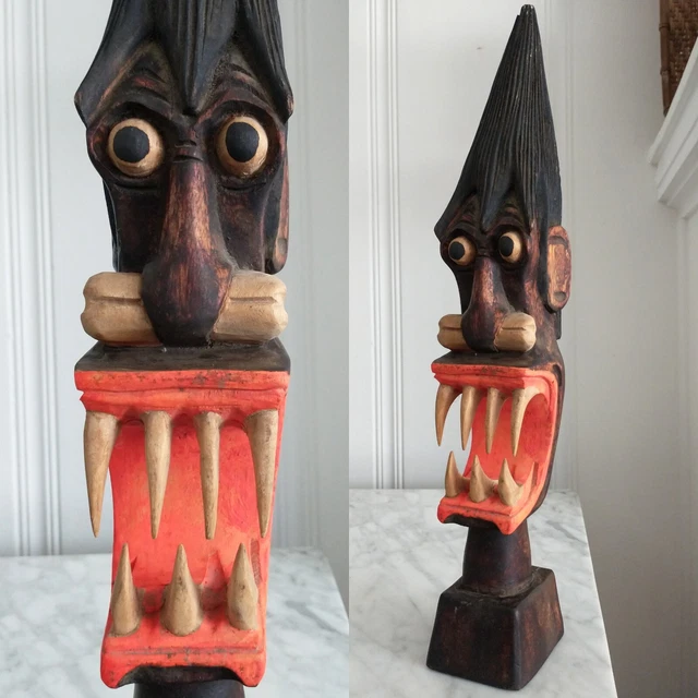 Very Strange Carved Man Face Sculpture Teeth Vtg Dayglow Odd Tribal Folk Art