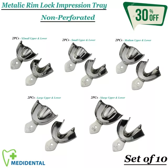 Set Of 10 Orthodontics Metallic Rim Lock Impression Trays Non-Perforated Dentist