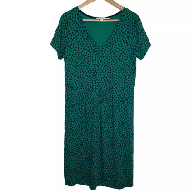 Boden Womens Penelope Jersey Dress Size 12L Green Navy Polka Dot V Neck Pullover