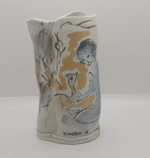 Voldemar Volkoff French Vallauris Studio Pottery Painting Scene Girl & Bird Vase