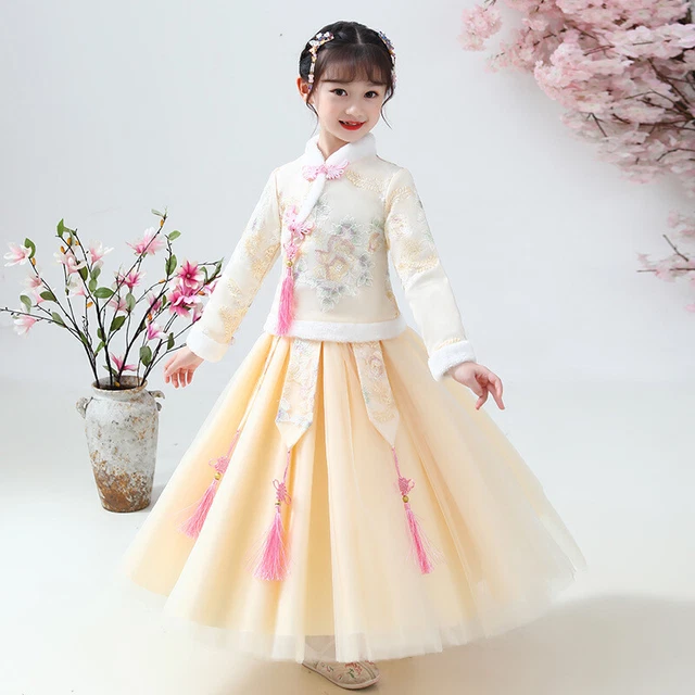 Bambine Ricamato Pile Foderato Cheongsam Abito Cinese Anno Nuovo Ttang Suit
