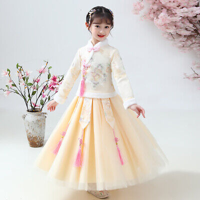 Kid Girl Embroidered Cheongsam Dress Fit Chinese New Year Tang Suit Fleece Liner