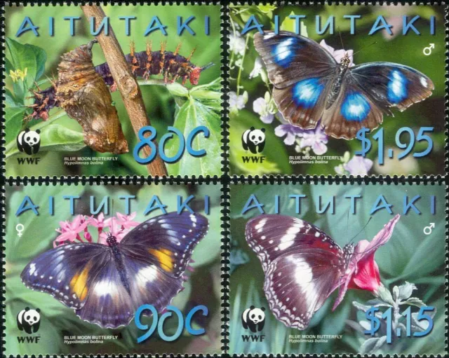 Aitutaki 2008 WWF Blue Moon Butterfly Butterflies Insects Nature 4 v set MNH