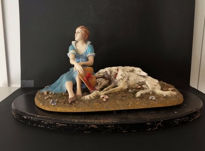 GRANDI DIMENSIONI TERRACOTTA  SU BASE IN LEGNO "DONNA CON LEVRIERI"1960 FIRMATA 