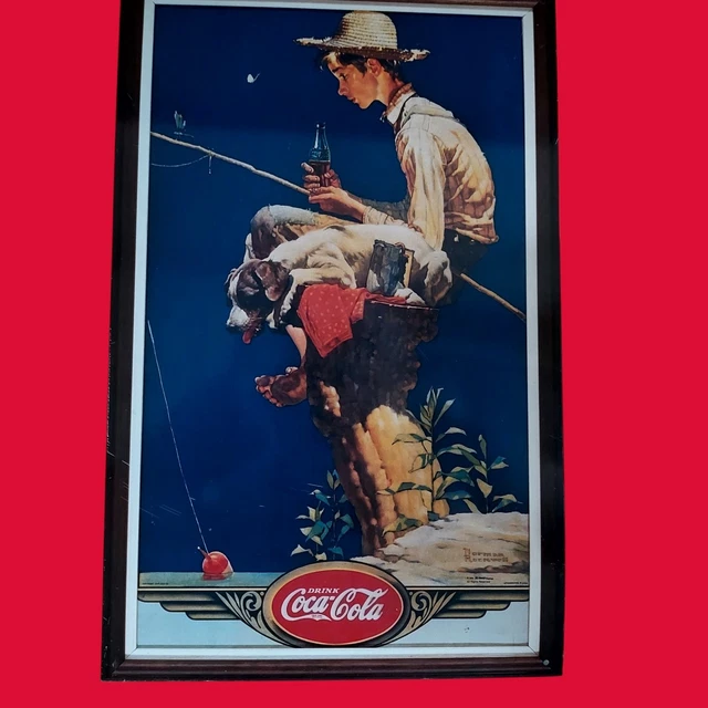 Coca-Cola 壁掛けアート 釣り少年 VTG COCA COLA Metal Sign Norman Rockwell Fishing Boy w/ Dog