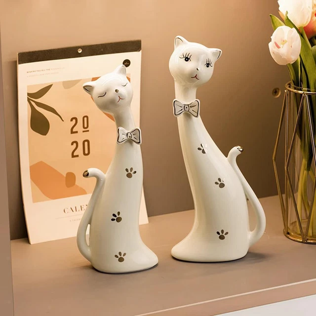 Lot De 2 Statues De Chat En Céramique - Art Déco - Multicolore - Idée Cadeau Pendaison
