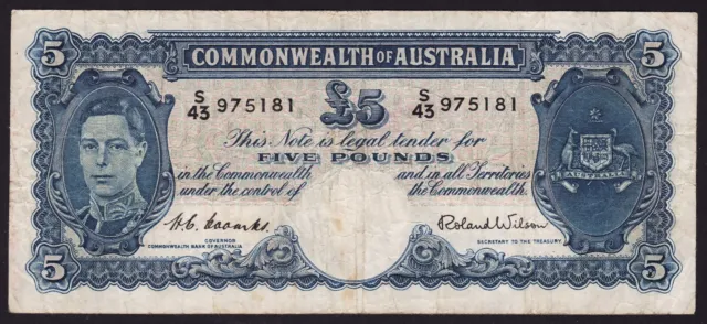 Five Pound Australian Banknote 1952 Coombs Wilson R48 S/43