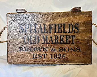 Vintage Style Wooden Box SPITALFIELDS With Rope Handles & Lid Medium