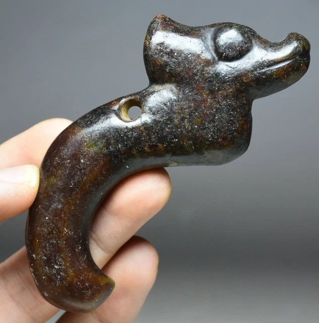 8CM Chinese Hongshan Culture Old Jade Carved Yu pig Dragon Hook Amulet Pendant