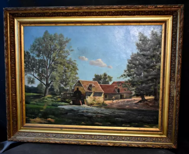 Tableau ancien huile paysage Barbizon moulin fermière poules signé XIXème