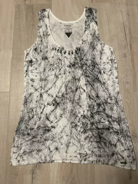 T-Shirt  / Débardeur femme GUESS noir et blanc avec perles