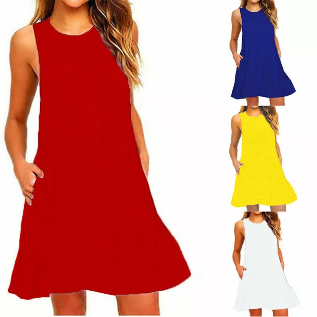 Women Sleeveless Casual Blouse Loose Sundress Solid Summer Round Neck Slim Dress