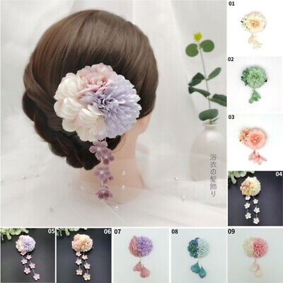 Handmade Japanese Hair Clip Tsumami Zaiku Pearl Tassel Flower Clusters Kimono