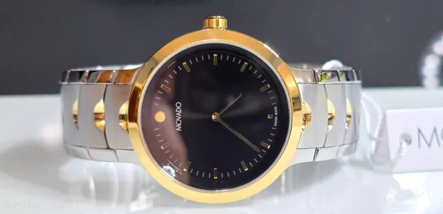 NUOVO! Orologio Movado Da Uomo Stellar Oro 14k 316LS Quadrante Museo Nero Punto Oro