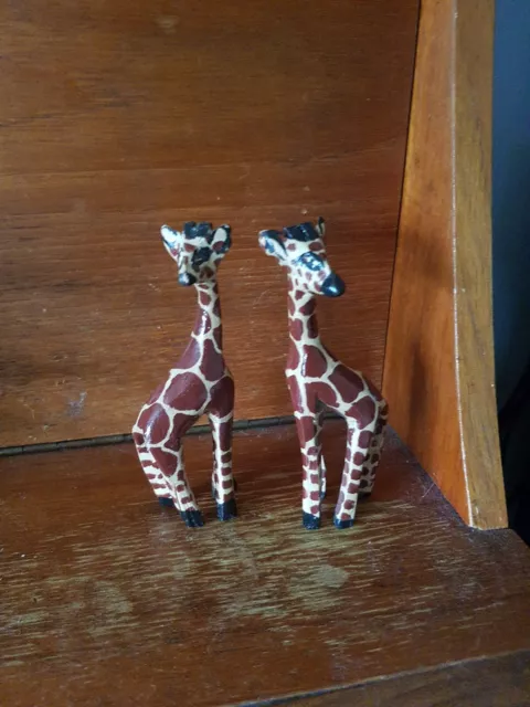 Vintage Hand Carved Wooden Giraffe Pair Set X 2 Joblot Small Left Right Standing