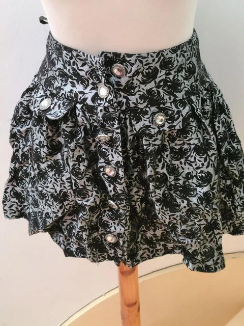 Minigonna estiva UK8 PRIMARK Silver Flock Floreale Scintillante Bottoni L16" 99p Senza prezzo di riserva