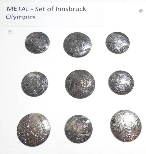 Lot Of 9 Vintage Pressed Metal Innsbruck Olympic Buttons - Two Sizes