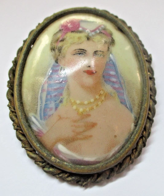 Broche Ancienne En Porcelaine De Limoges - Camée Floral Couleur Or, Bijou Vintage Parfait état