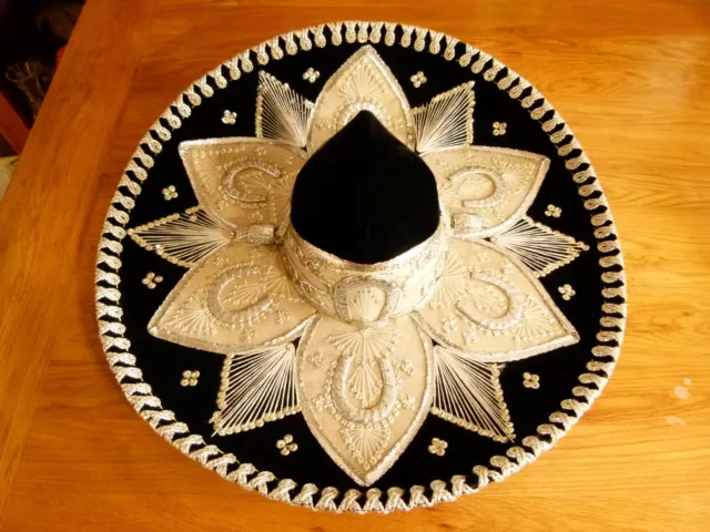 Original Vintage Salazar Pigalle Mexican Velvet Black and Silver Sombrero Hat
