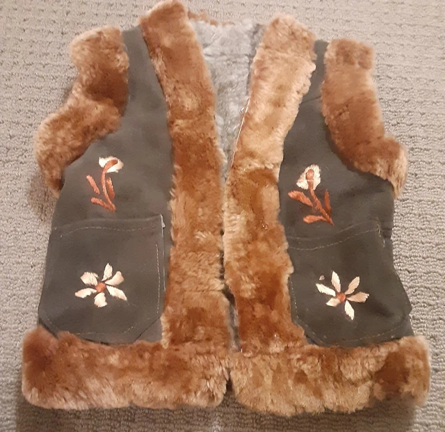 Vintage Boho Hippie Genuine Sheepskin Shearling Kids Vest- Girl's Brown/ Grey