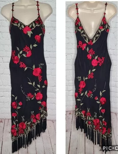 Vintage LILLIE RUBIN Floral Silk Gown Embroidered Beaded tassels Dress Size  S