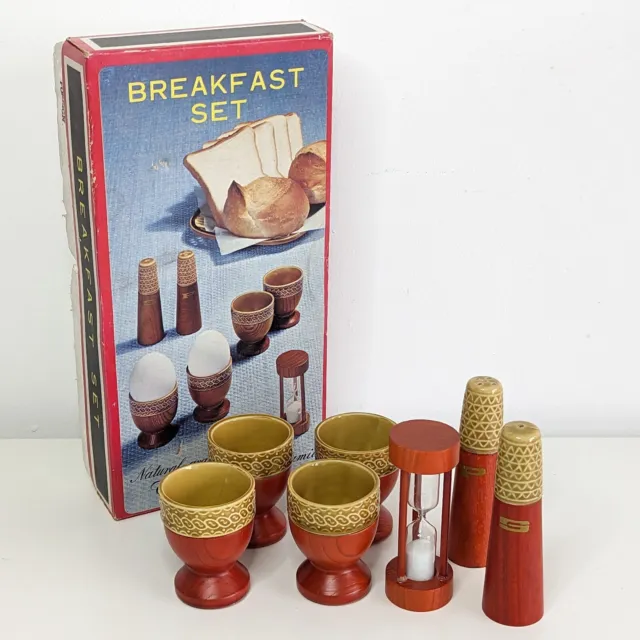 Retro Wood & Ceramic Breakfast Set, Eggcups, Timer, Salt & Pepper Pots, Vintage