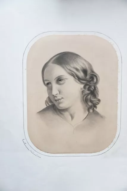 Grand Dessin Au Fusain Signe Portrait Jeune Femme Enfant Romantisme  1852