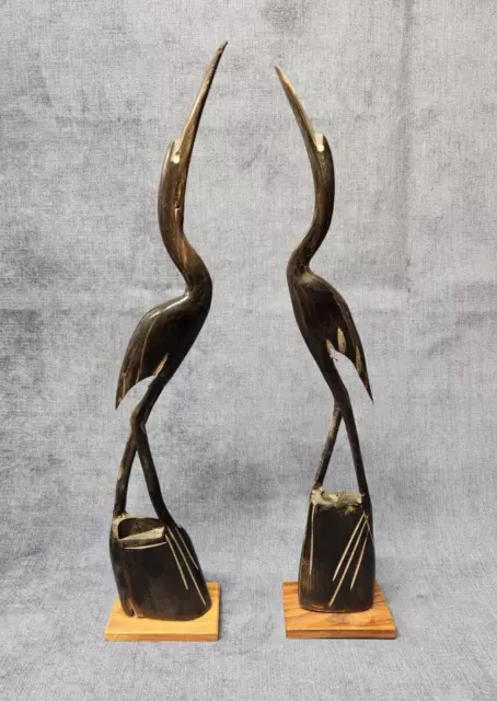 Carved Sculpture Pair of Bird Ibis Stork Egret Heron Crane Horn Teak 1960s W-C