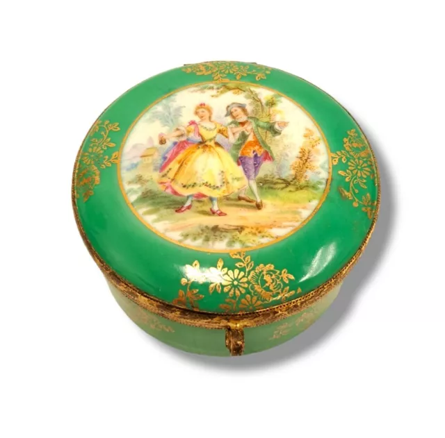 Antique German Hand Painted Courting Green & Gold Gilt Porcelain Trinket Box