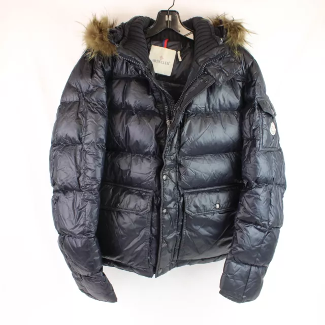 Moncler Polyester Puffer Jacket With Faux Fur Trim In Navy Blue - Women's Size 3