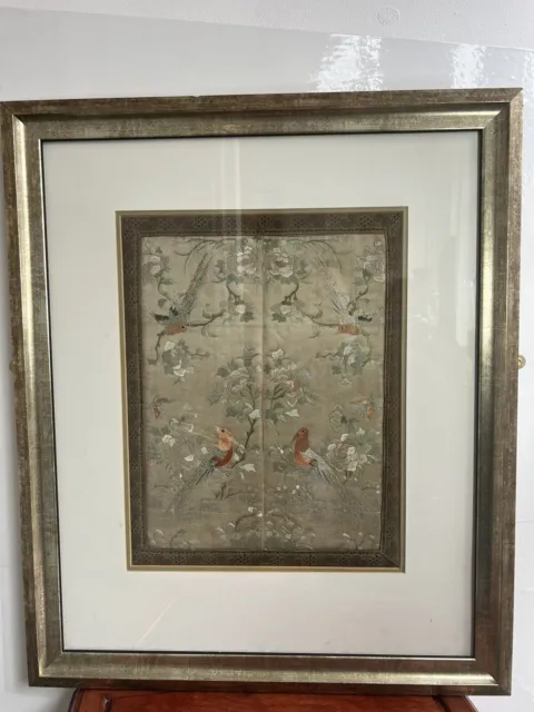 19th Century Antique Chinese Embroidery Silk Panel With Peacocks Flowers Framed